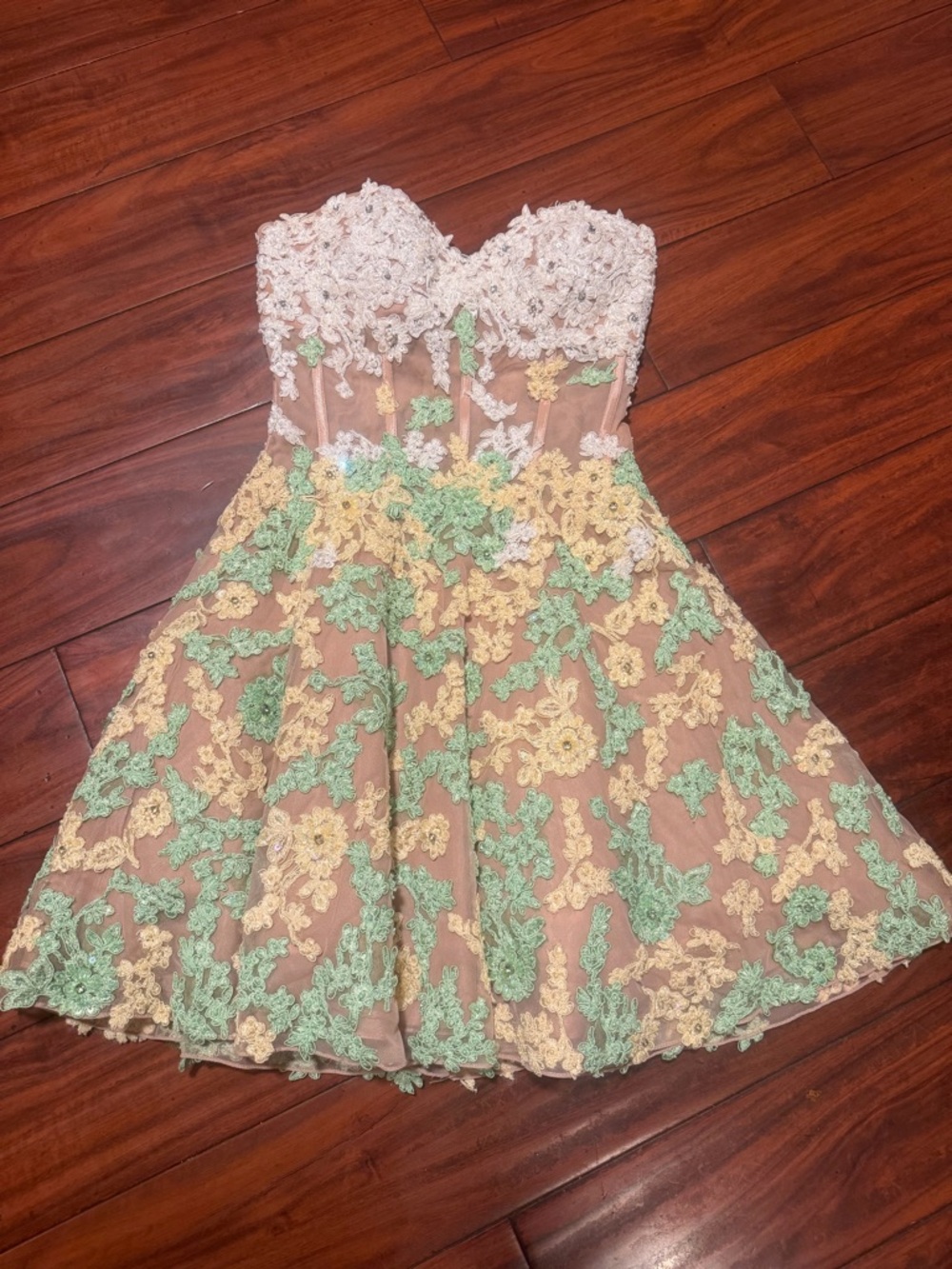Sherri Hill Strapless Floral Appliqué Cocktail Dress in Blush, Yellow & Mint - Picture 2 of 15